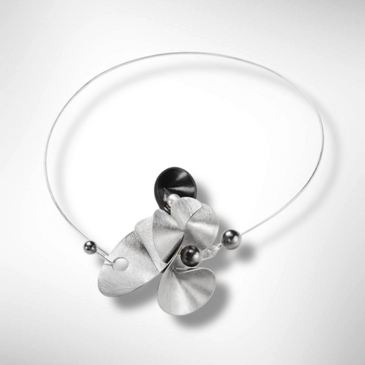 VOLUME 1 3-D Pendant Style Focal Necklace from the SOUND Collection with Recycled Record Vinyl and Simulated Pearls