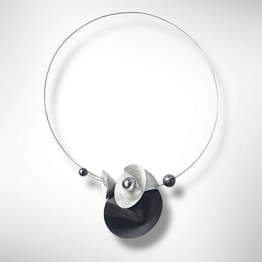 VOLUME 2 Record Vinyl is the Centerpiece of this Focal Necklace from the SOUND Collection with Recycled Record Vinyl and Simulated Pearls