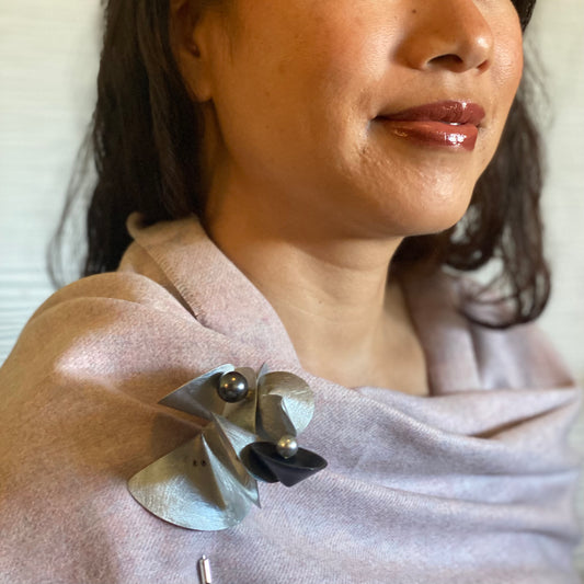SOUND | VOLUME Dress Up Your Outerwear with this Statement Brooch with Recycled Record Vinyl and Simulated Pearls