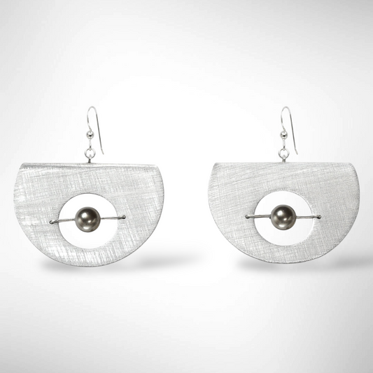 AXIS FOLD Contemporary Folded Circle Dangle Earrings with Suspended Stone