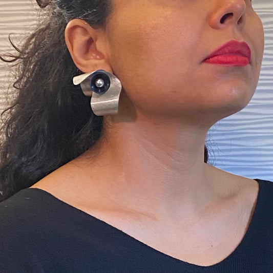 SOUND | PULSE 2 Medium Sized Undulating Aluminum Post Earrings, Recycled Record Vinyl
