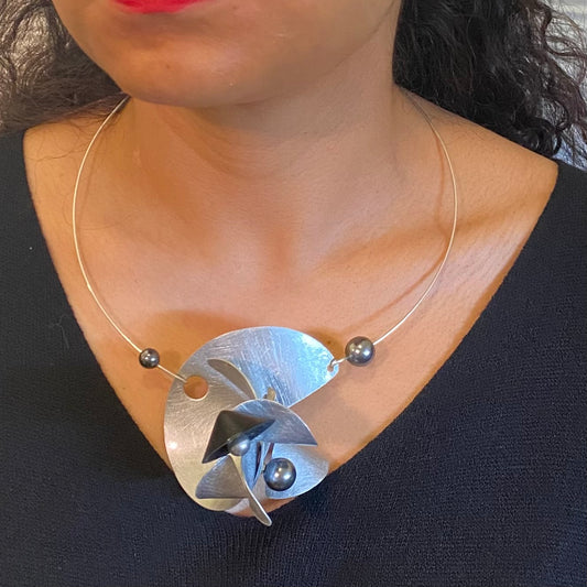 SOUND | VOLUME 1 3-D Pendant Style Focal Necklace with Recycled Record Vinyl and Simulated Pearls