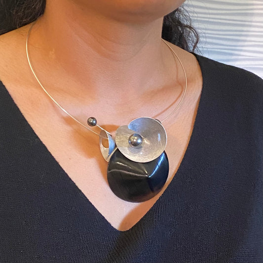 SOUND | VOLUME 2 Recycled Record Vinyl Focal Necklace: Aluminum & Simulated Pearl