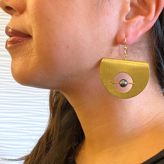 AXIS FOLD Contemporary Folded Circle Dangle Earrings with Suspended Stone