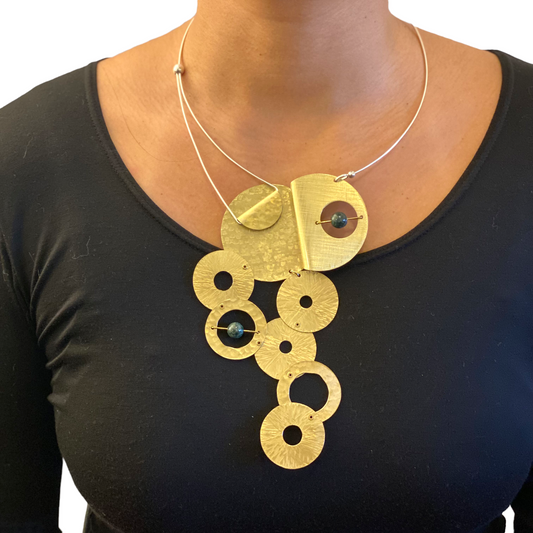 SCHEMA | AXIS 8 Large Metal Focal Necklace with Suspended Jade