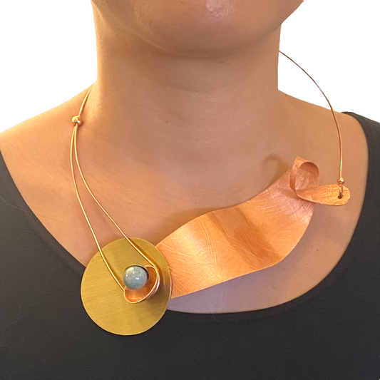 SCHEMA | WIND Wavy Sculptural Metal Statement Necklace with Jade
