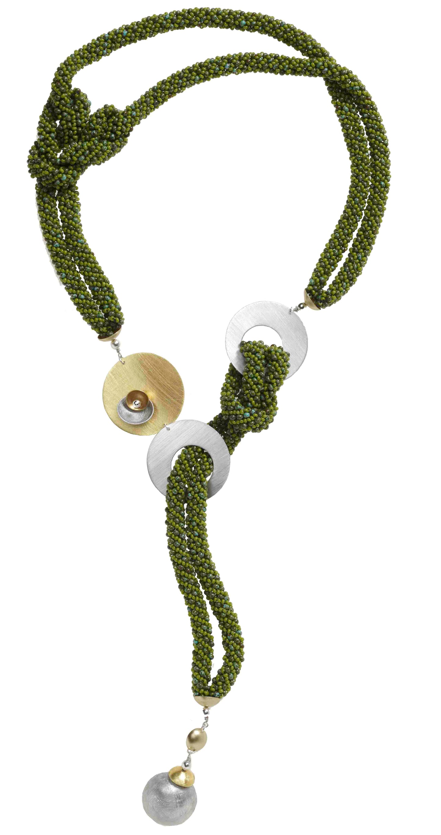 RAIN Dramatic Four Strand Czech Glass Hand-Sewn Lariat Necklace in Turquoise or Olive with Mixed Metals from the BEADED Collection