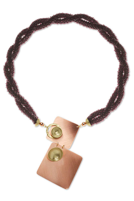 BLAZE Deep Purple Czech Glass Hand-Sewn Front Closure Necklace with Copper & Brass from the BEADED Collection