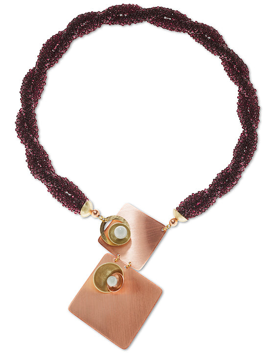 BLAZE Deep Purple Czech Glass Hand-Sewn Front Closure Necklace with Copper & Brass from the BEADED Collection