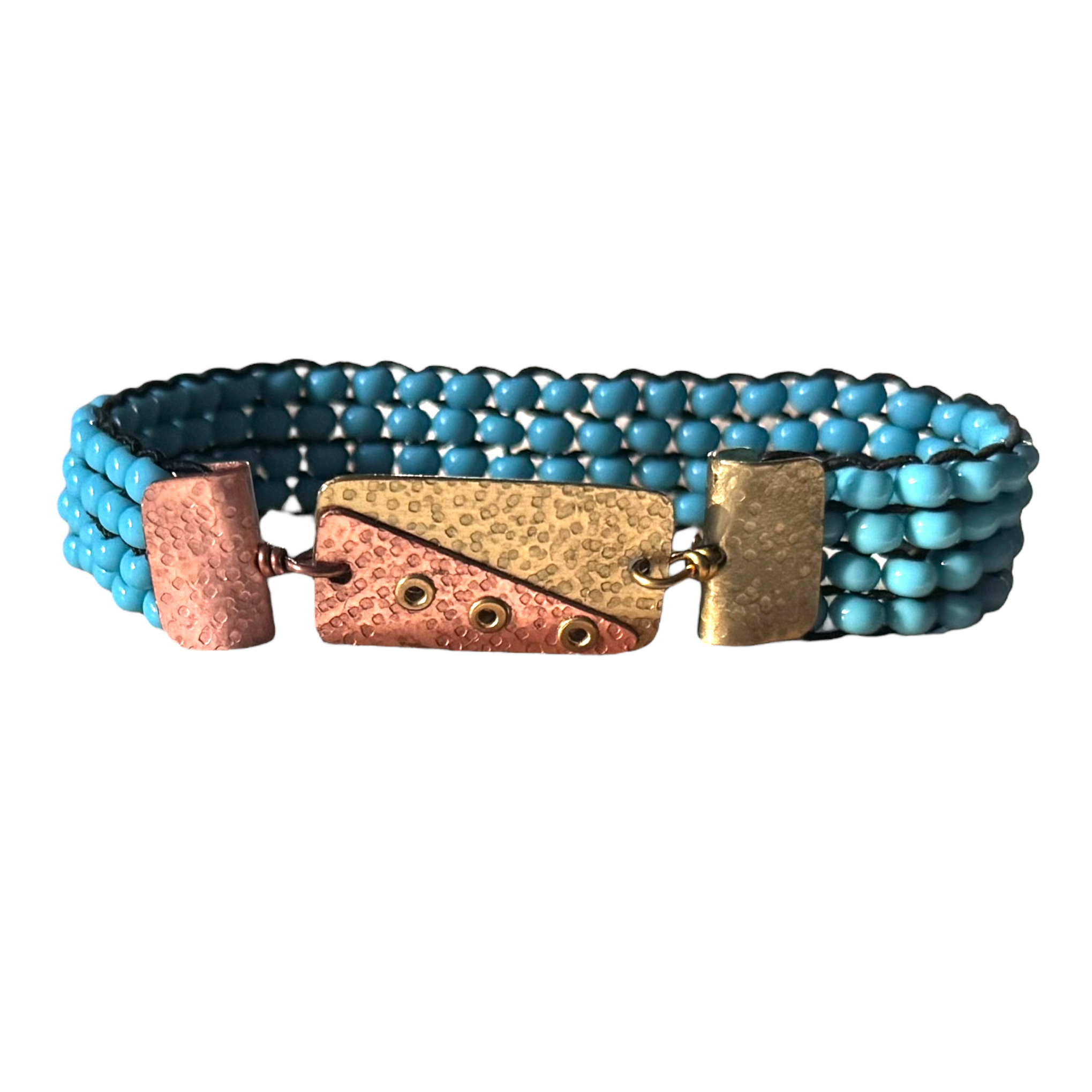 Beaded Brac 1/2" Aqua Beads bds w/Brs & Cpr Triangle
