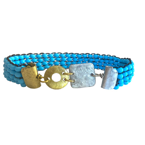 Beaded Brac 1/2" Aqua bds w/Brs Circle & Alu Sq