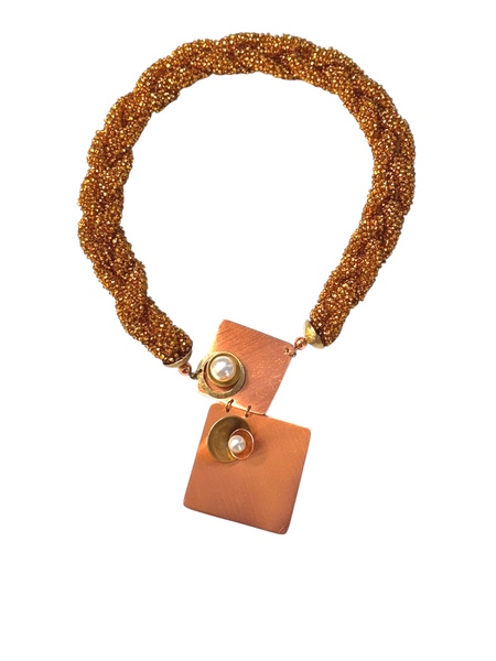 FLAME 3 strand Hand-Sewn Gold Bead Necklace with Front Closure