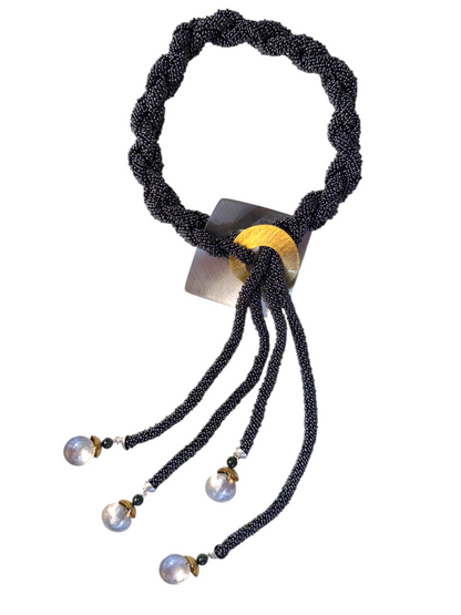 MIST Dramatic Four Strand Czech Glass Hand-Sewn Lariat Necklace in purple or gun metal with Mixed Metals from the BEADED Collection