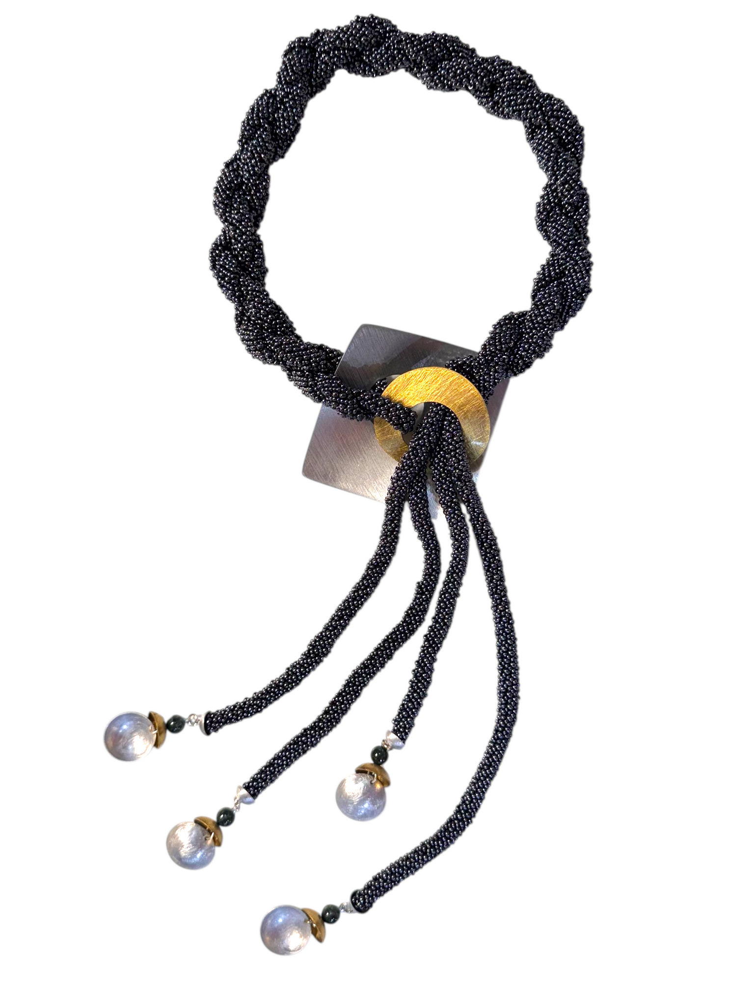 MIST Dramatic Four Strand Czech Glass Hand-Sewn Lariat Necklace in purple or gun metal with Mixed Metals from the BEADED Collection