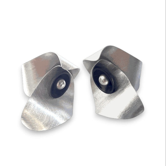 SOUND | PULSE 2 Medium Sized Undulating Aluminum Post Earrings, Recycled Record Vinyl