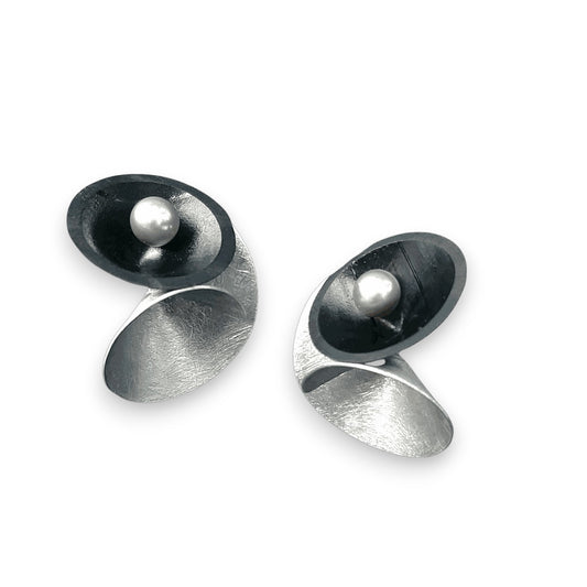 SOUND | VOLUME 2 Medium Sized Multi-Sided Post Earrings with Recycled Record Vinyl and Simulated Pearls