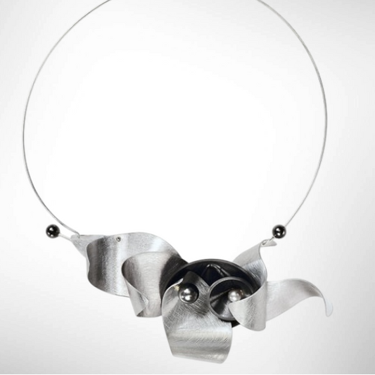 SOUND | PULSE 1 Contemporary Aluminum Statement Necklace, Recycled Vinyl & Simulated Pearls