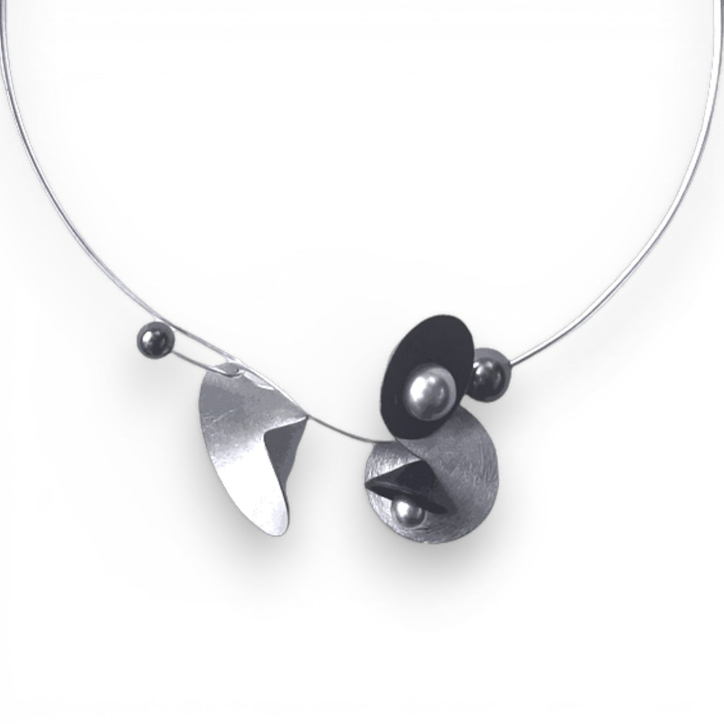 VOLUME 3 Multi-Directional Amplification Cones are at the Center of this Necklace from the SOUND Collection with Recycled Record Vinyl and Simulated Pearls