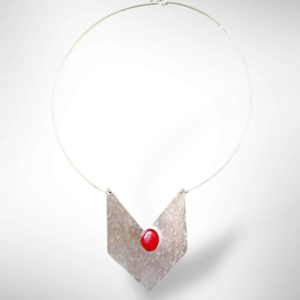 EDGE Chevron shaped aluminum pendant necklace with red accent