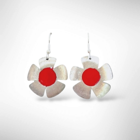POPPY 1 Five Petal Aluminum Earrings with Red Center
