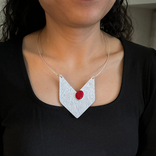 EDGE Chevron shaped aluminum pendant necklace with red accent
