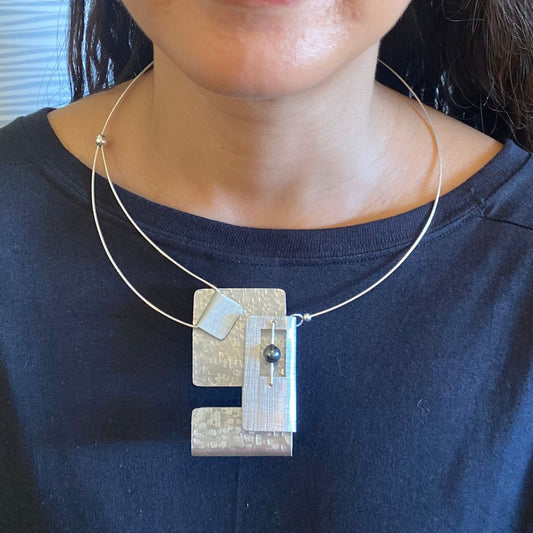 BOOK 3 Overlapping Metal Rectangles Statement Necklace with Front Closure and Simulated Pearl or Jade option