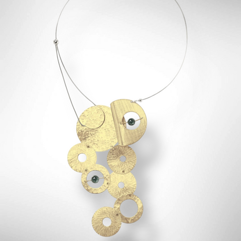 AXIS 8 Large Metal Focal Statement Necklace with Front Closure from the SCULPTURAL Collection with Simulated Pearl or Jade option