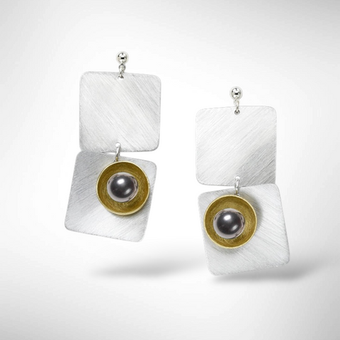 SPRAY LONG Curved Squares Mixed Metal Post Earrings with Metal and Accent Bead Options from the SCULPTURAL Collection