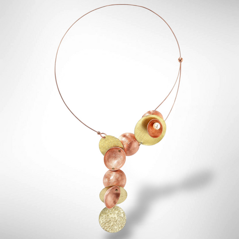 CLOUD Asymmetrical Dangling Mixed Metal Statement Necklace with Front Closure from the SCULPTURAL Collection with Simulated Pearl or Jade option