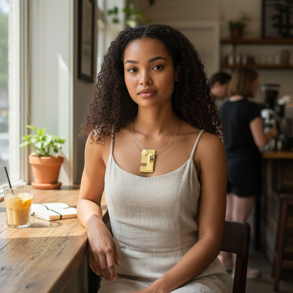 Chick Boss statement necklace with overlapping textured metal rectangles and a Guatemalan jade bead.