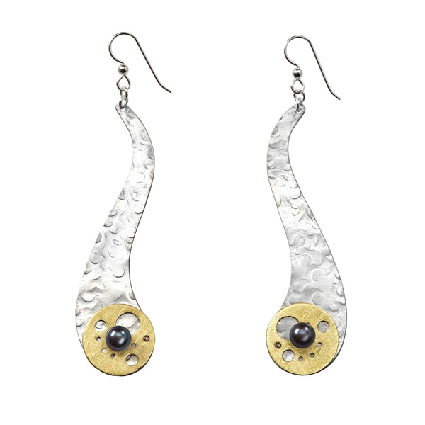 CASCADE -  Long Elegant Dangling Wave insipred earrings with simulated pearl from the WATER Collection