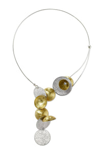 CLOUD Asymmetrical Dangling Mixed Metal Statement Necklace with Front Closure from the SCULPTURAL Collection with Simulated Pearl or Jade option