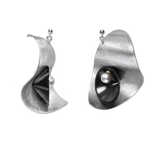 PULSE 1 Large Undulating Aluminum Post Earrings from the SOUND Collection with Recycled Record Vinyl and Simulated Pearls