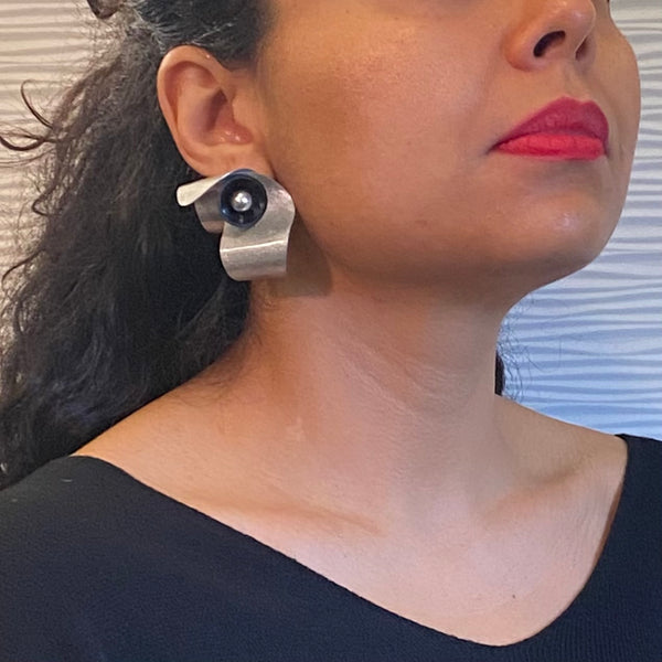 PULSE 2 Medium Sized Undulating Aluminum Post Earrings from the SOUND Collection with Recycled Record Vinyl and Simulated Pearls