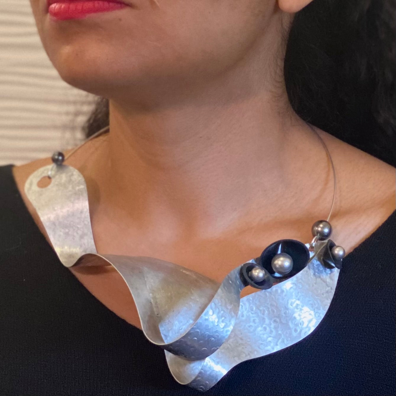 OSCILLATE 1 Sound Waves are Amplified with this striking wearable art Necklace from the SOUND Collection with Recycled Record Vinyl and Simulated Pearls