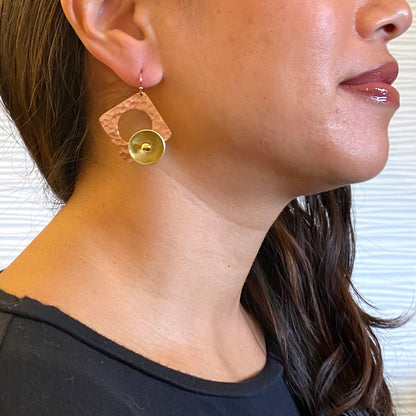 GROW Angular Sculptural Dangle Earrings: Hammered Metal Simulated Pearl