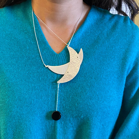 CRESCENT MOON Delicate lightweight asymmetrical Necklace with Onyx from the Lunar Collection