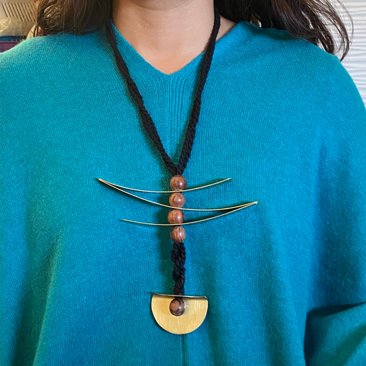 RUBIA Popular Long, Zig Zag, Over the Head, Organic Textile and Wood Necklace