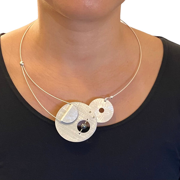 AXIS 2 Small Artistic Metal Statement Necklace with Front Closure from the SCULPTURAL Collection with Simulated Pearl or Jade option