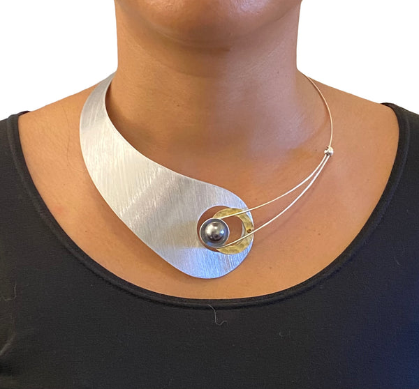 MOON Truly Asymmetrical Elegant Metal Collar Necklace-Front Closure and Simulated Pearl and Jade Accent Bead Options