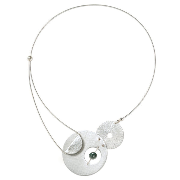 AXIS 2 Small Artistic Metal Statement Necklace with Front Closure from the SCULPTURAL Collection with Simulated Pearl or Jade option