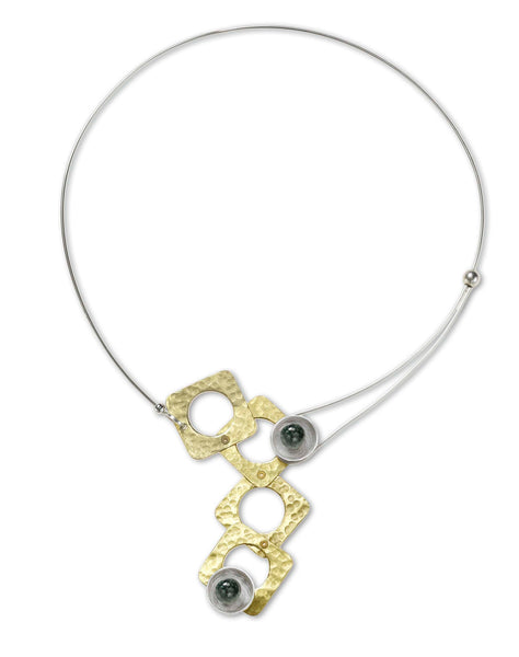 GROW Small Cubic Mixed Metal Necklace from the SCULPTURAL Collection with Simulated Pearl or Jade option