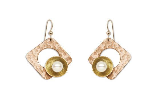 EVERYDAY | GROW Angular Sculptural Dangle Earrings: Hammered Metal Simulated Pearl