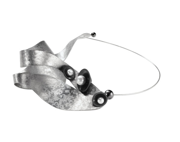 OSCILLATE 1 Sound Waves are Amplified with this striking wearable art Necklace from the SOUND Collection with Recycled Record Vinyl and Simulated Pearls