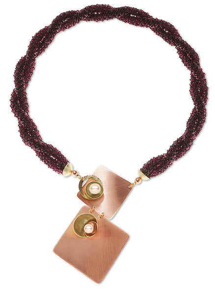 BLAZE Deep Purple Czech Glass Hand-Sewn Front Closure Necklace with Copper & Brass from the BEADED  Collection