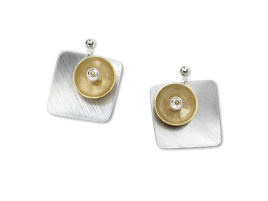 SPRAY Striking Curved Square Mixed Metal Post Earrings with Metal and Accent Bead Options from the SCULPTURAL Collection