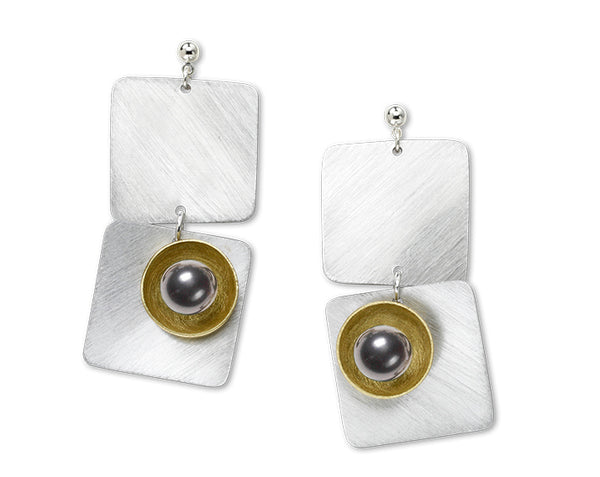 SPRAY LONG Curved Squares Mixed Metal Post Earrings with Metal and Accent Bead Options from the SCULPTURAL Collection