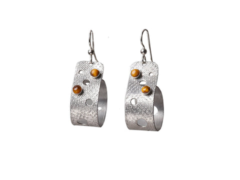 BORE Hammered Metal and Tigereye Dangle Loop Earrings from the MACHINE Collection